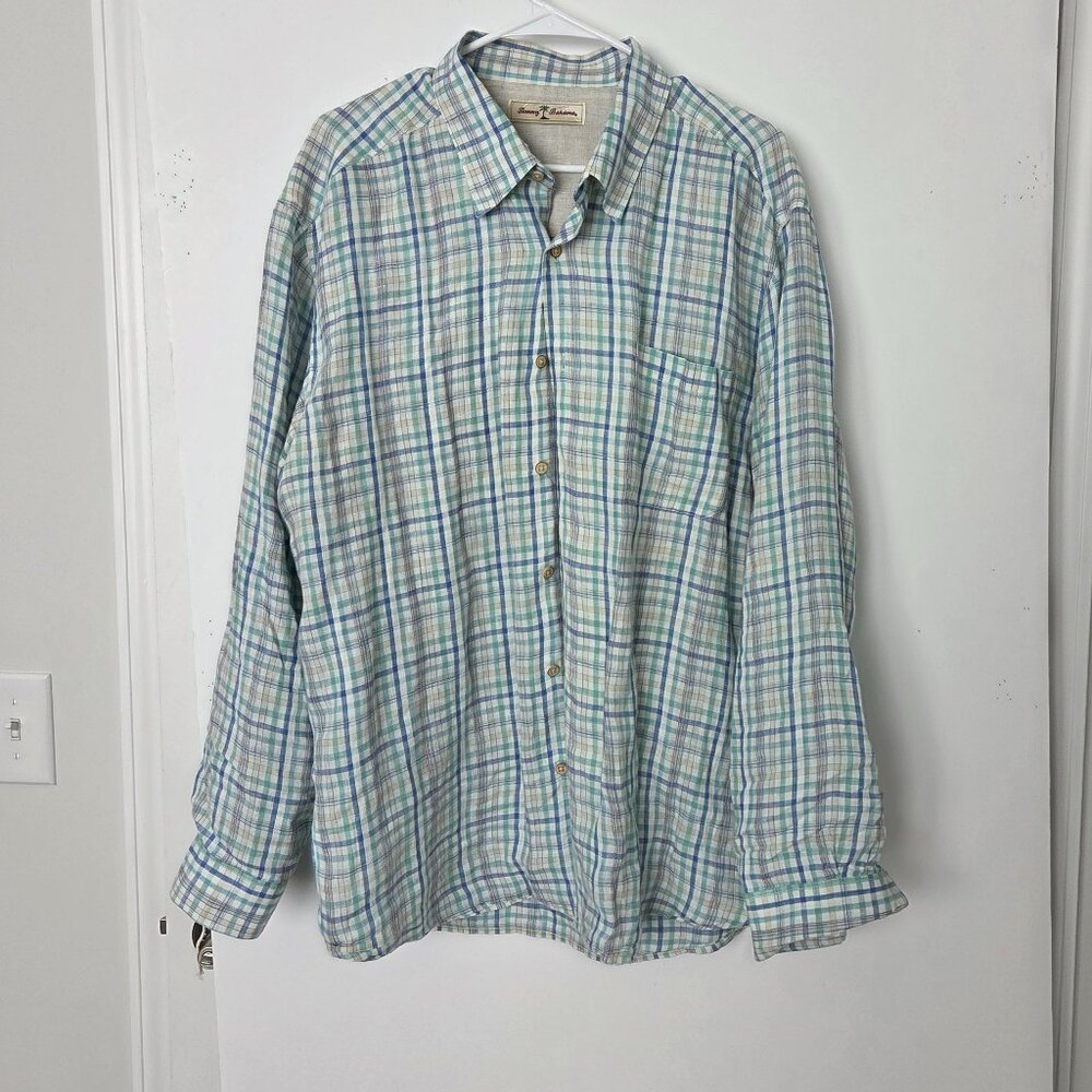 NWOT-Tommy Bahama Shirt Men XL Plaid Linen Resort Relaxed Blue Green Teal